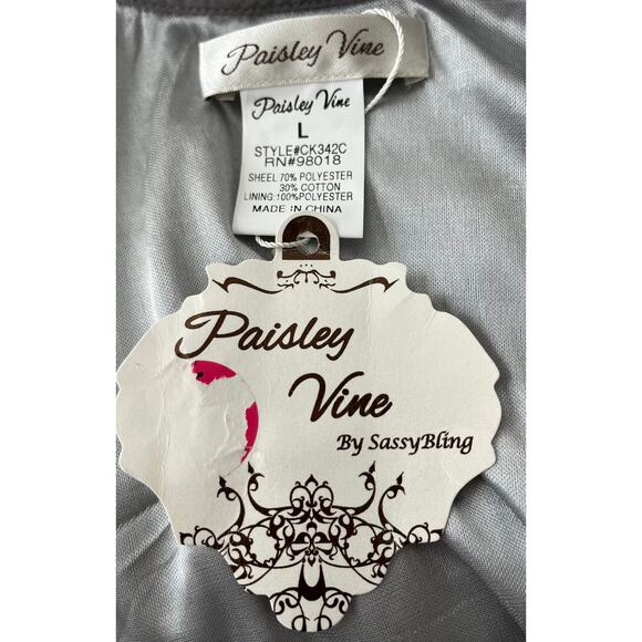 PAISLEY VINE 3/4 RAGLAN BELL SLV RND NECK MIDI BOHEMIAN DRESS, WOMENS, L, GREY - Picture 10 of 11